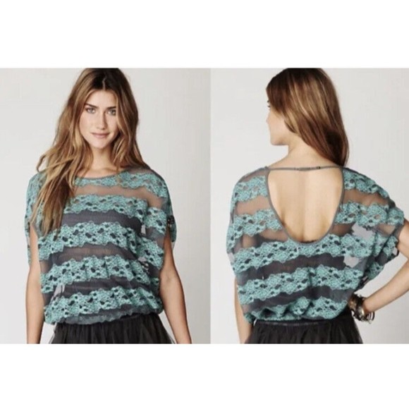 Free People County Fair Banded‎ Hem Lace Top Size S Teal - Picture 1 of 8